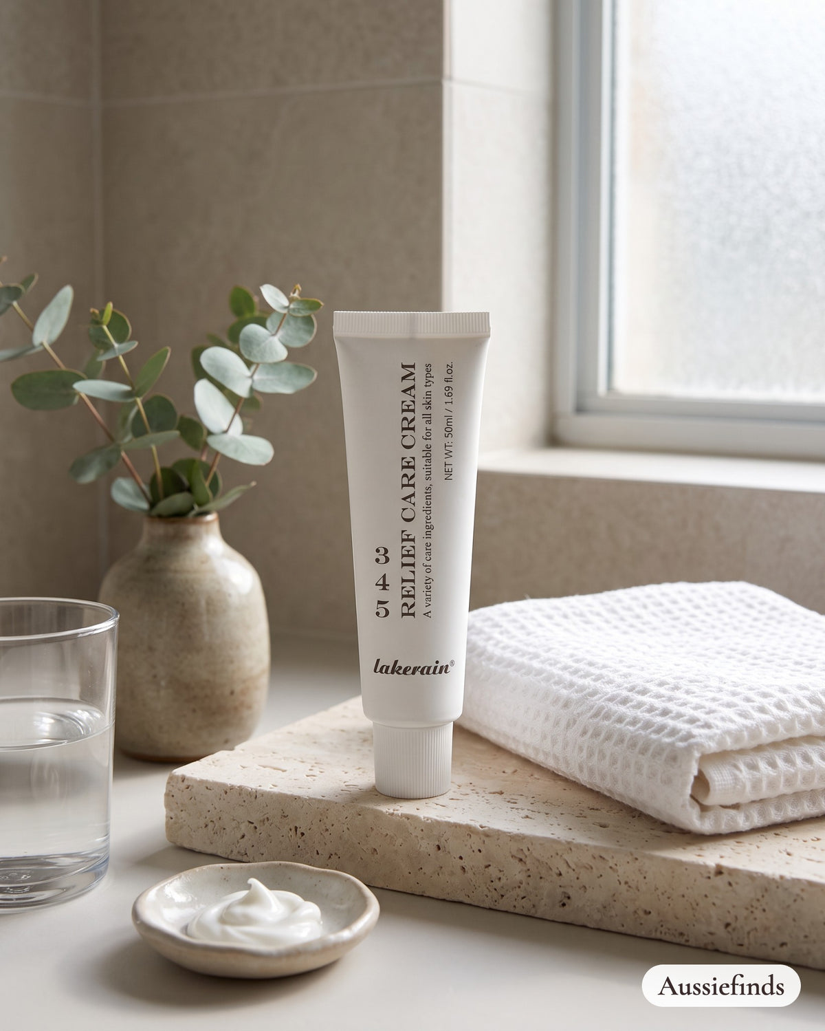 3 4 5 Relief Care Cream on a bathroom shelf with eucalyptus