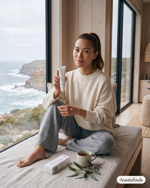 Model holding the 3 4 5 Relief Care Cream in a Kangaroo Island clifftop lodge