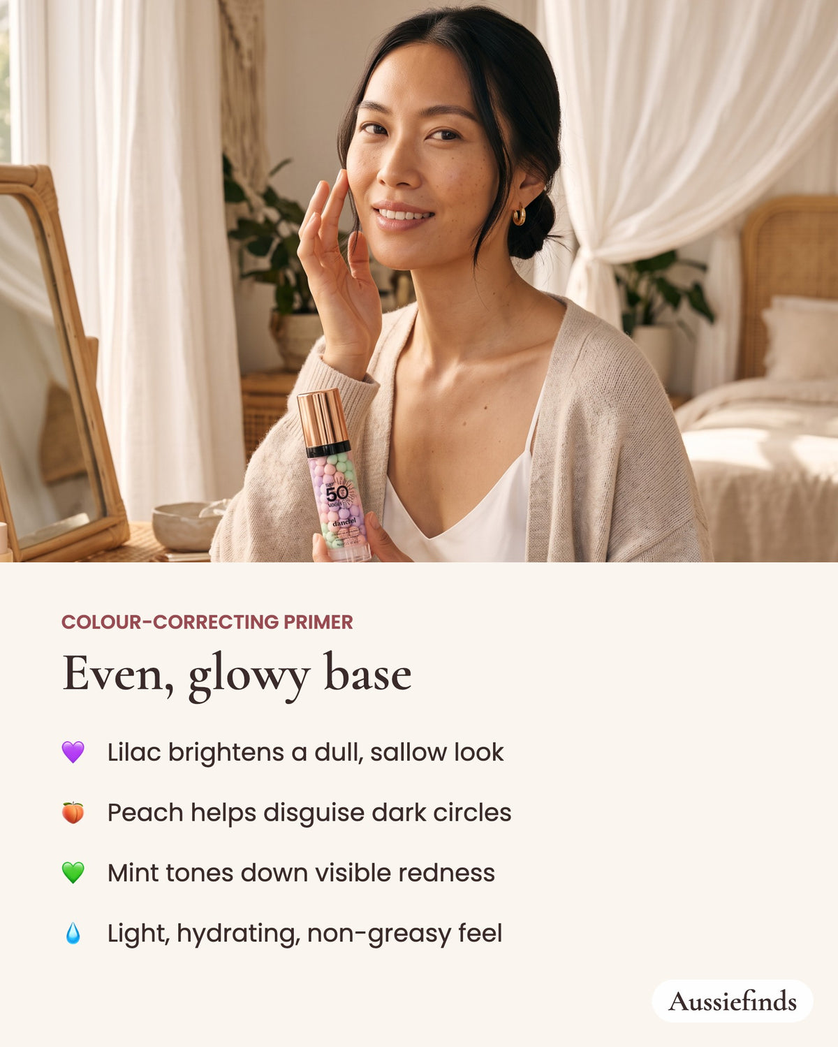 3-Colour Primer benefits: brightens, disguises dark circles, neutralises redness