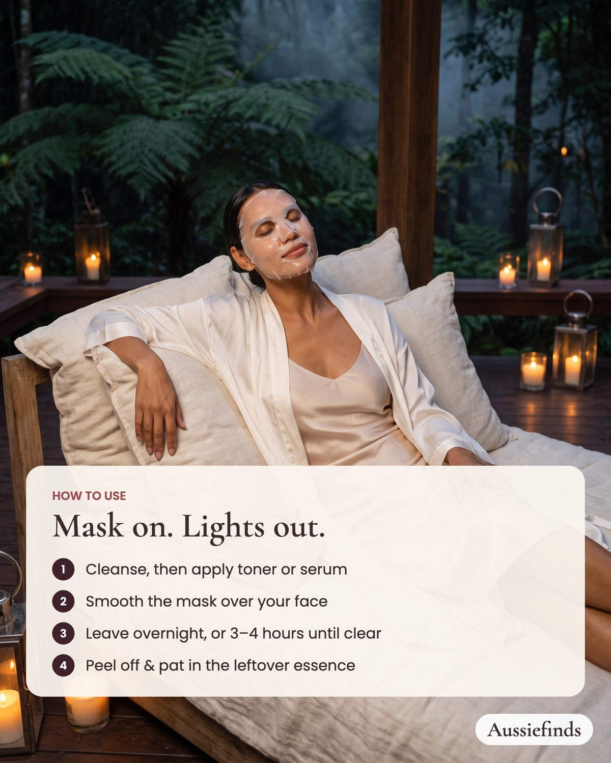 How to use the Bio-Collagen Deep Mask: smooth on, leave overnight or 3–4 hours until clear, peel off