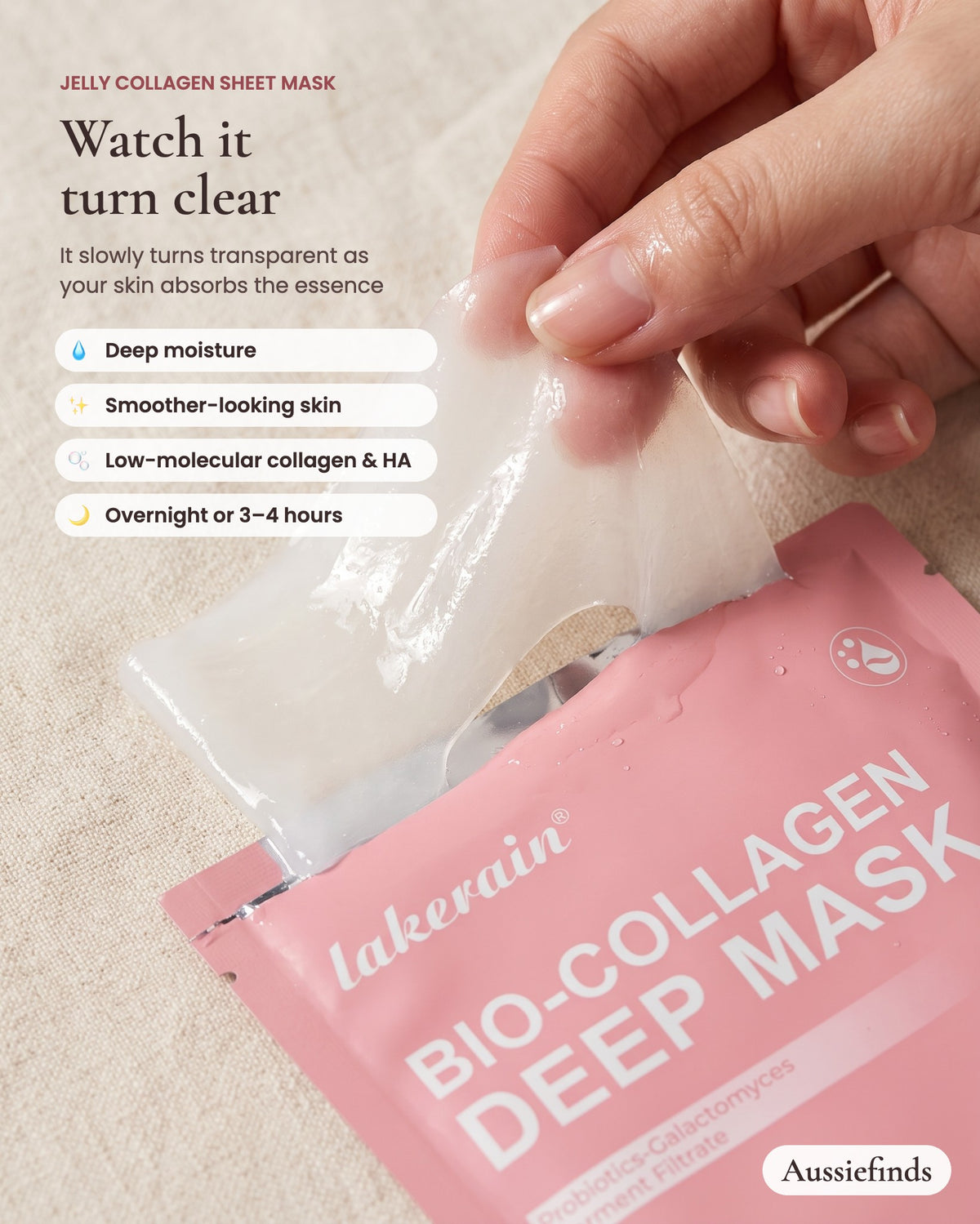 Jelly collagen sheet mask turning clear as skin absorbs the essence