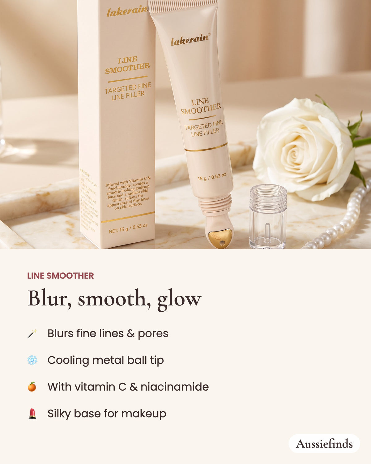 Line Smoother benefits: blurs fine lines and pores, cooling metal tip