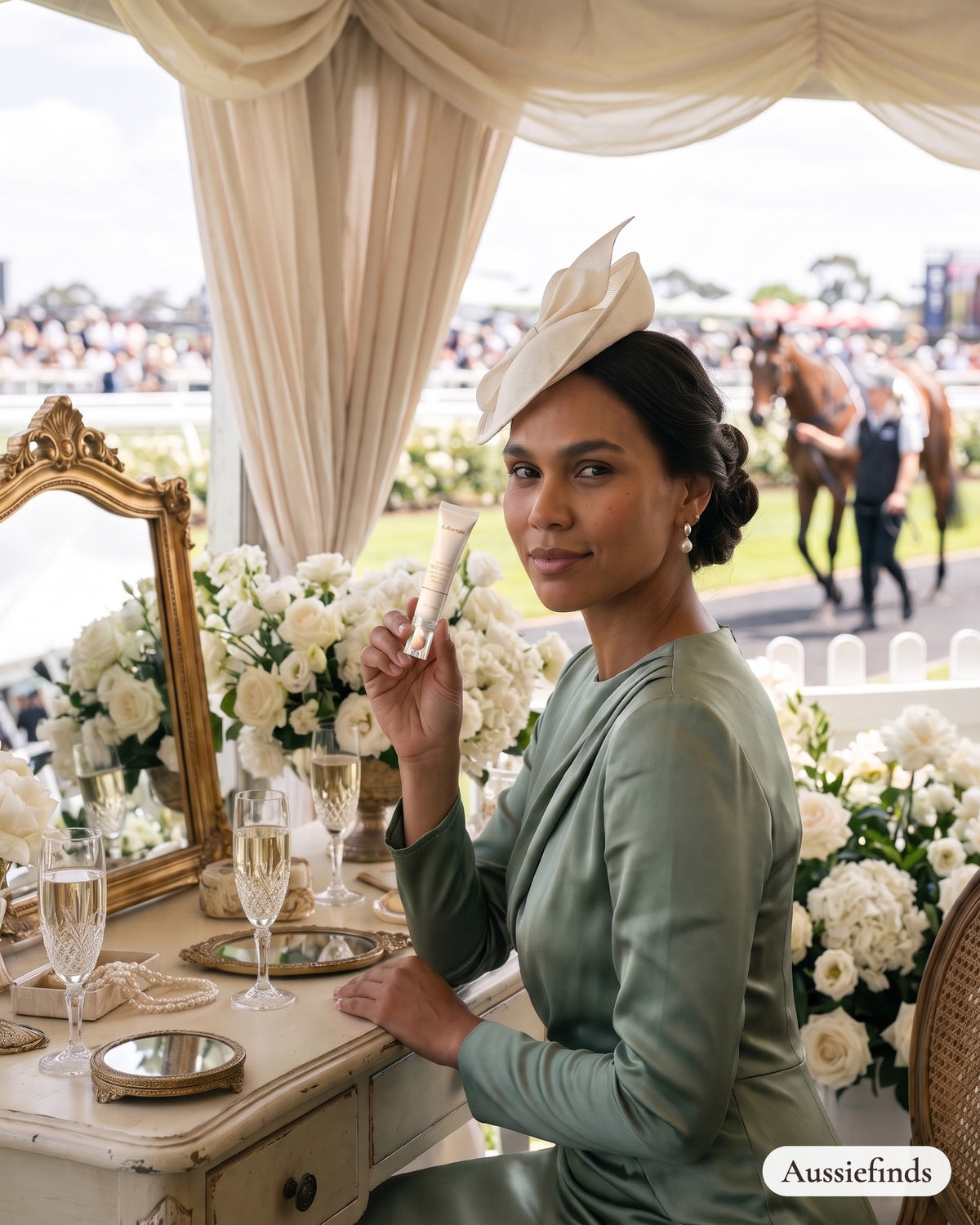 Model holding the Line Smoother at a Flemington Racecourse marquee