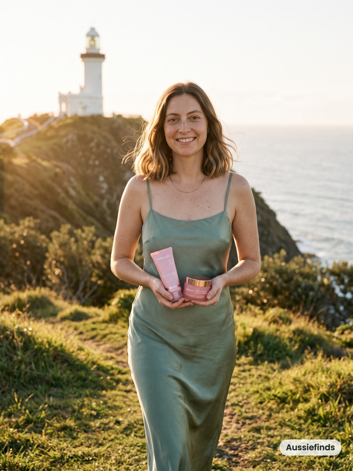 Model holding the Glow Starter Set at Byron Bay lighthouse