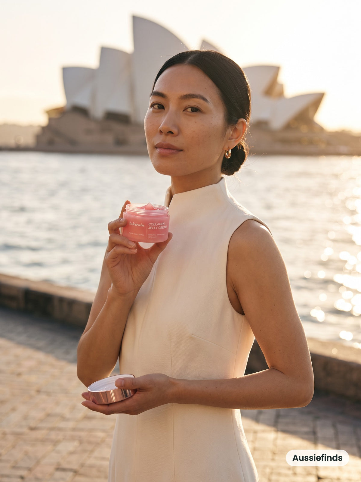 Model holding the Collagen Jelly Moisturiser by Sydney Harbour