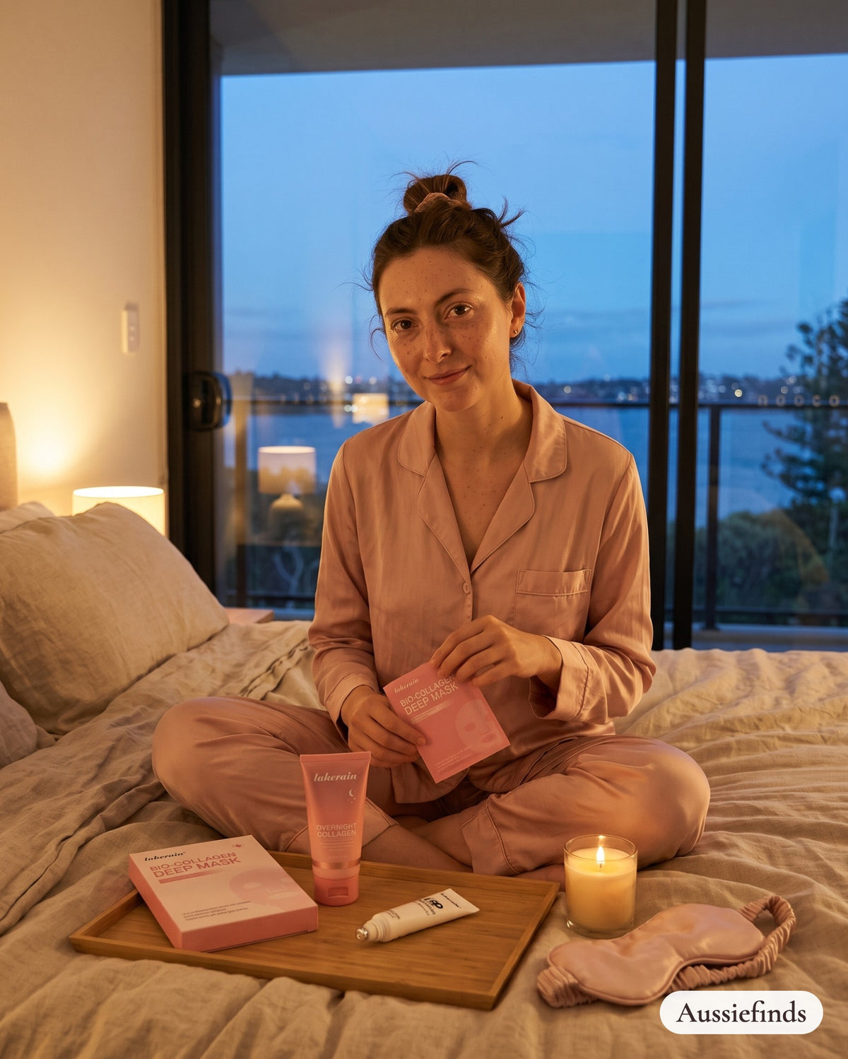 Model with the Pamper Night Kit on a cosy bed