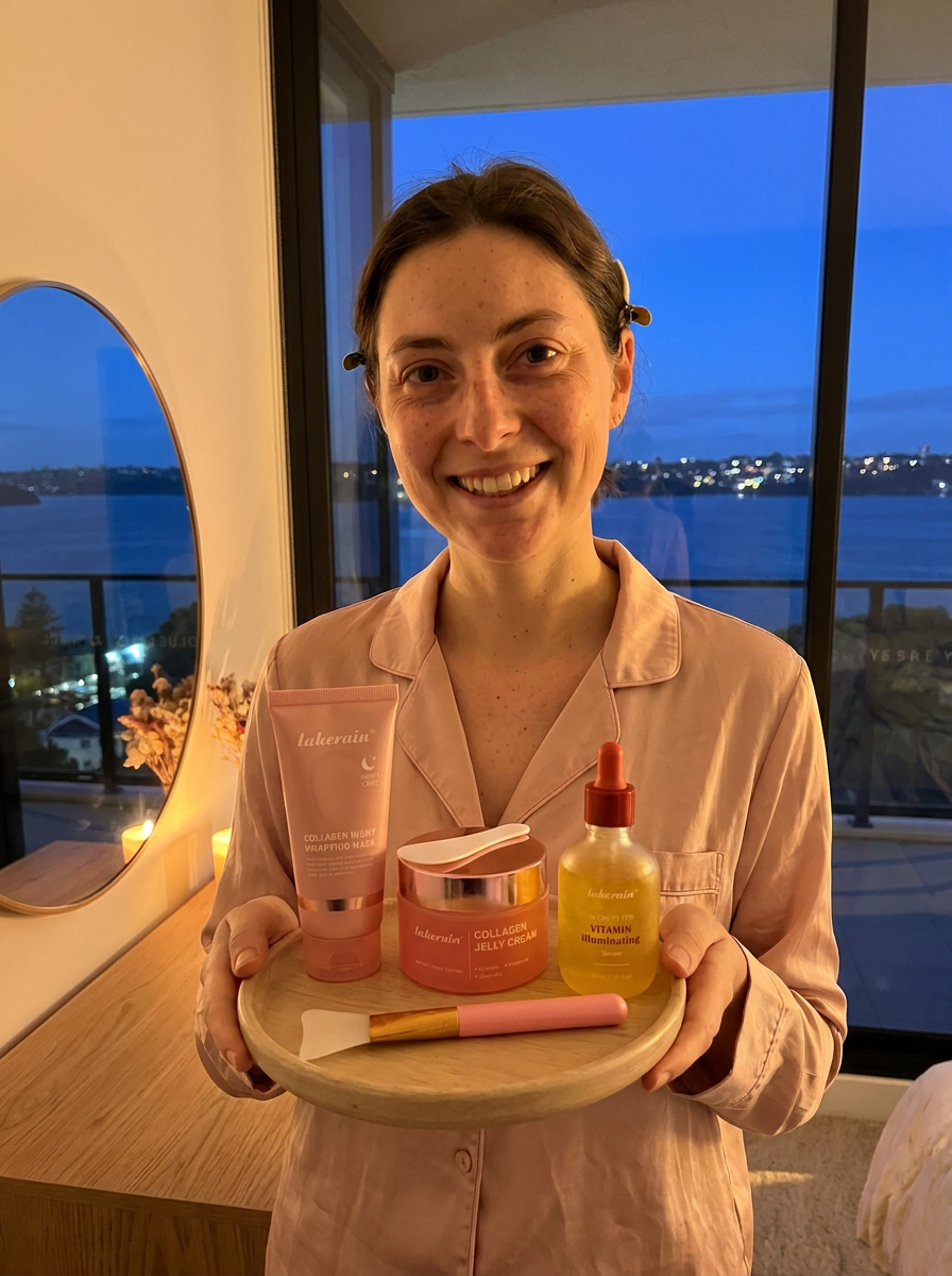 Woman holding the Glass Skin Gift Set at night