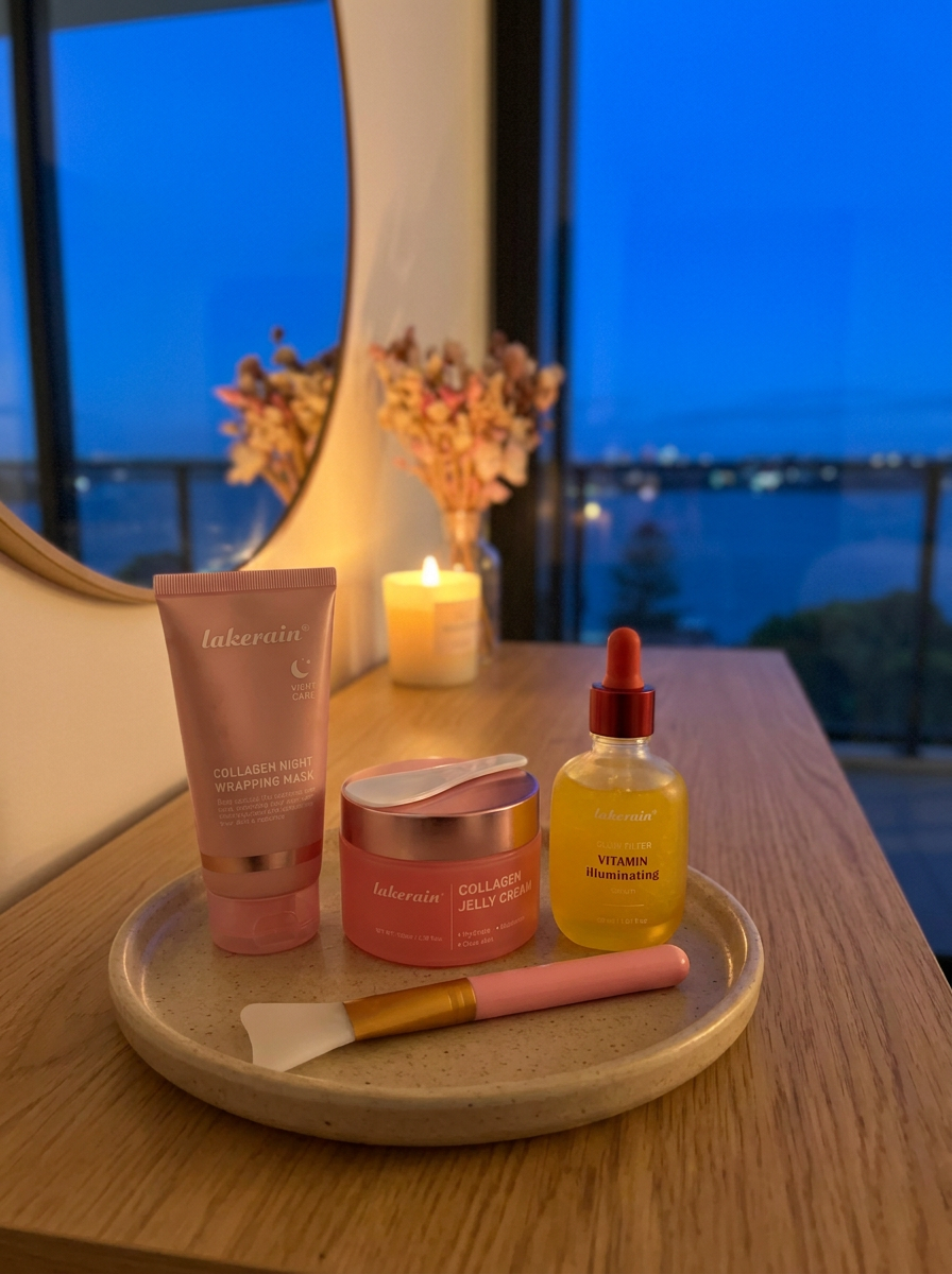 Glass Skin Gift Set – serum, jelly cream, overnight mask and brush on a vanity