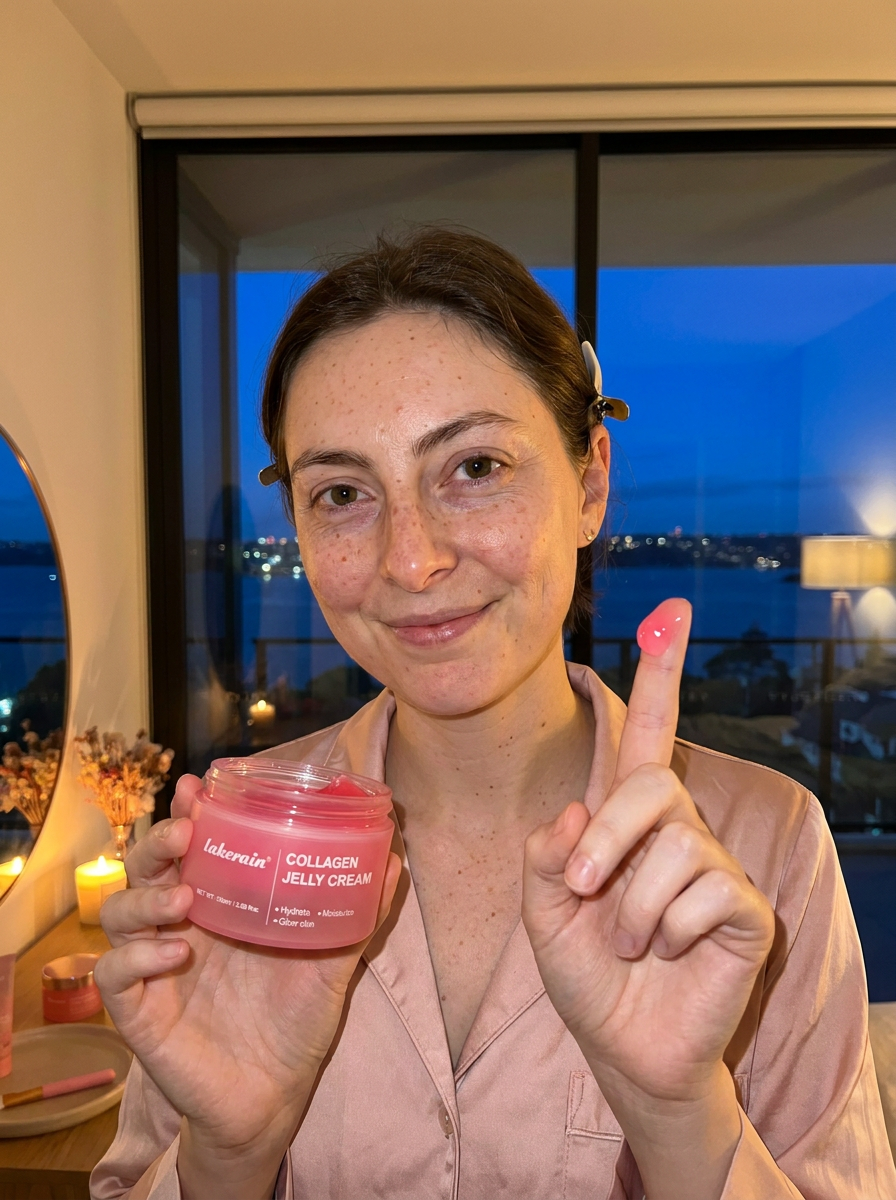 Showing the pink jelly cream texture on a fingertip