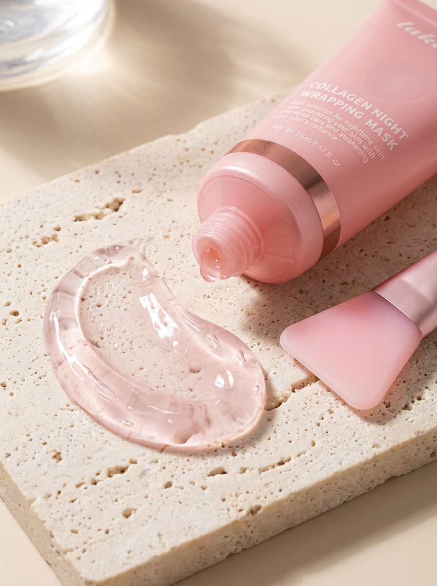 Translucent pink gel texture of the overnight mask