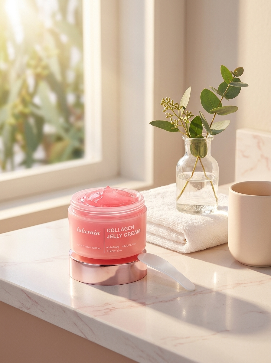 Jelly cream on a bathroom shelf in morning light