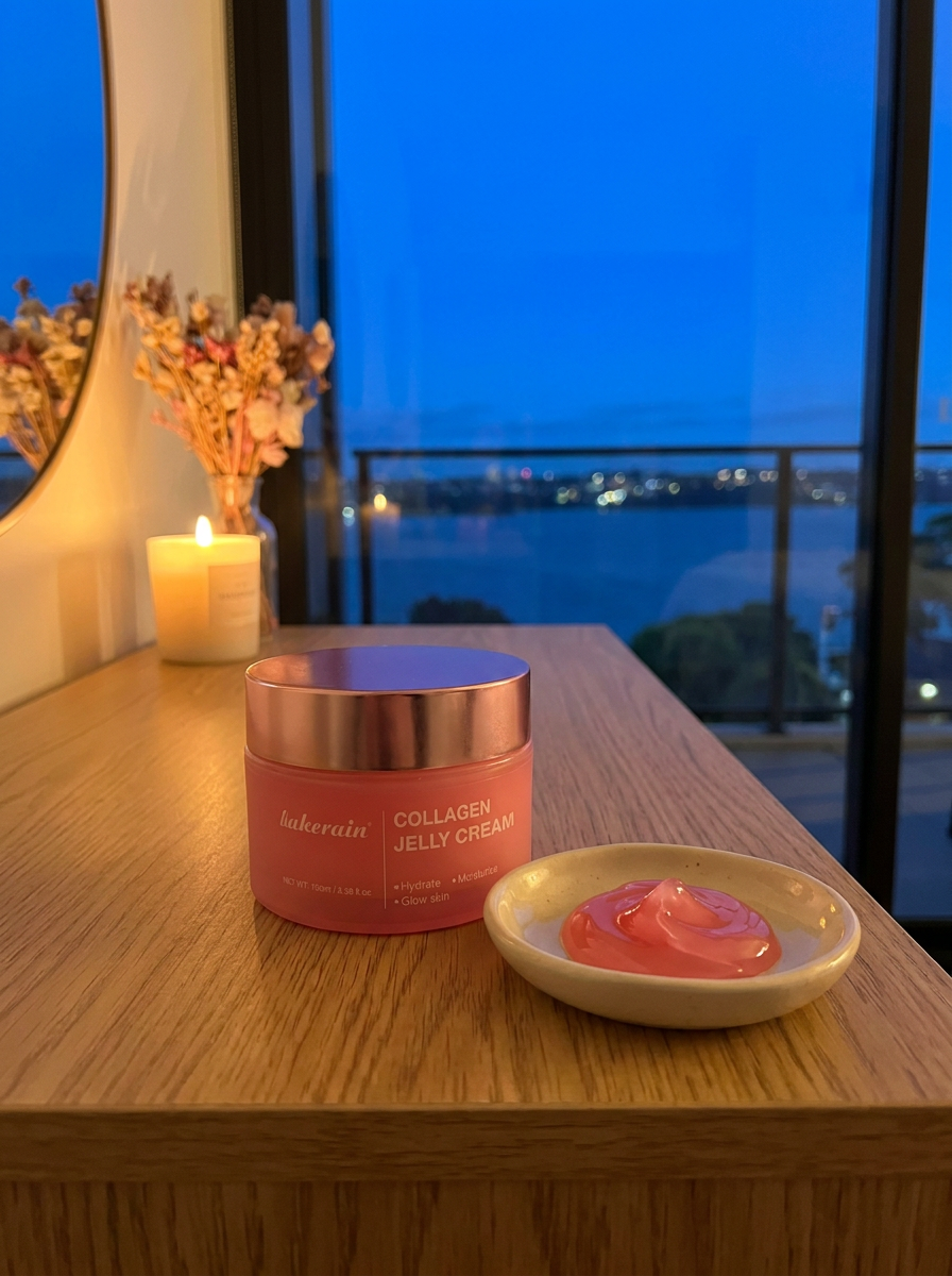 Collagen Jelly Cream 100ml on a vanity at night