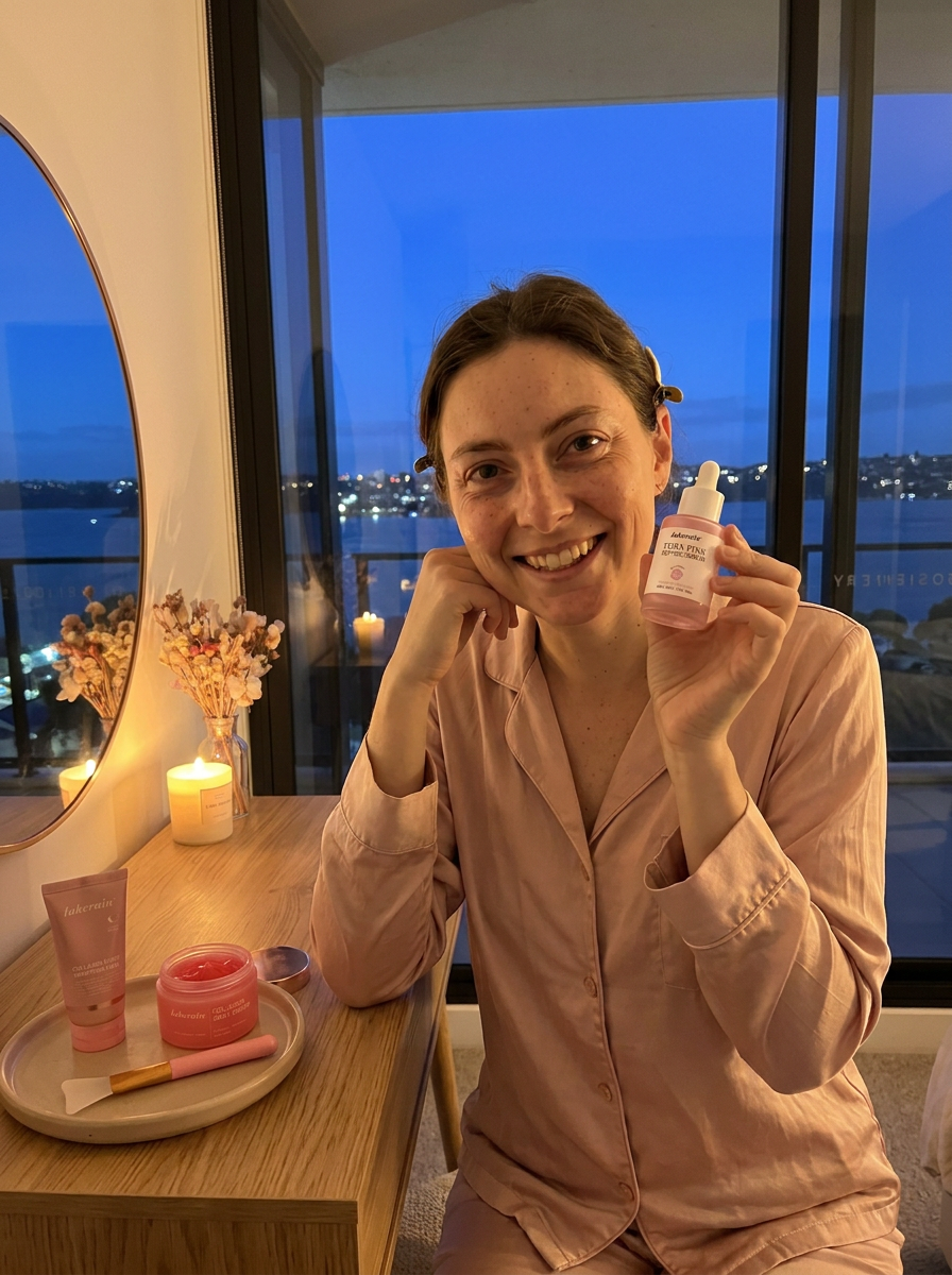 Holding the pink peptide serum at night