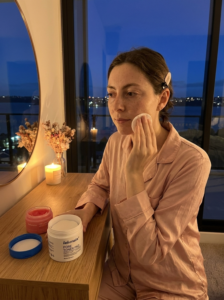 Swiping a toner pad as the first step of the night routine