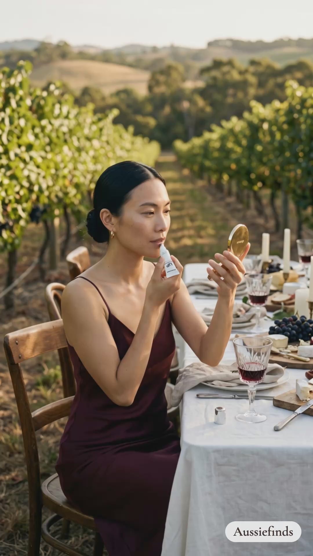 Model applying the Glow Lip Volumizer at a Barossa Valley vineyard lunch